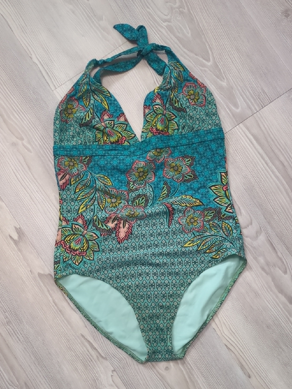 Prana L Teal Swim Halter with Floral Trim One Piece Swimsuit No Padding